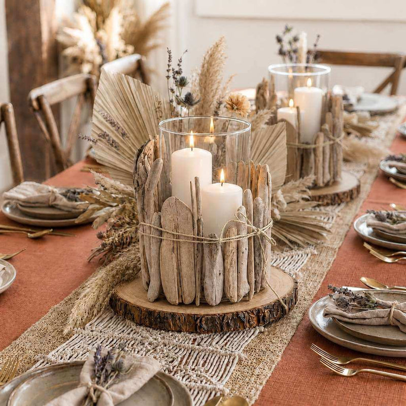 Glass candleholder wrapped with driftwood on a wooden slice centerpiece - thumbnail number 6