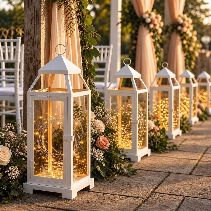 White lanterns filled with warm white battery-operated LED fairy lights lining a wedding aisle - thumbnail number 3