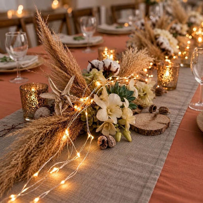 A wedding table centerpiece woven with warm white battery-operated LED fairy lights - thumbnail number 4