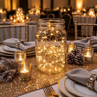 A glass mason jar filled with warm white battery-operated LED fairy lights on a festive table - thumbnail number 6