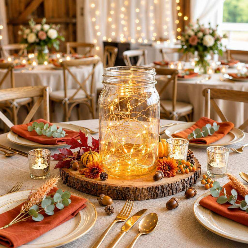 A glass mason jar filled with warm white battery-operated LED fairy lights as an autumn centerpiece - thumbnail number 7