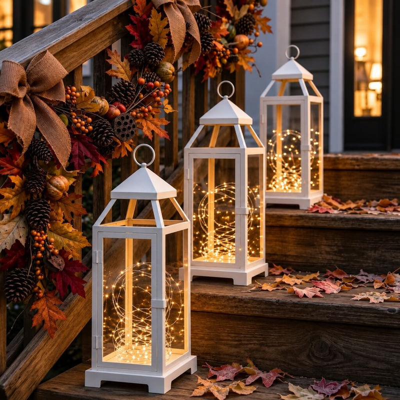White lanterns filled with warm white battery-operated LED fairy lights on an autumn porch stairs - thumbnail number 9