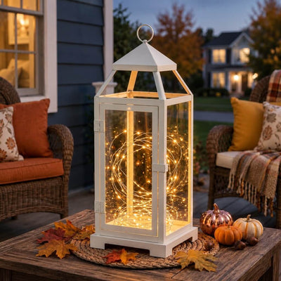 A white lantern filled with warm white battery-operated LED fairy lights on an autumn porch - thumbnail number 10