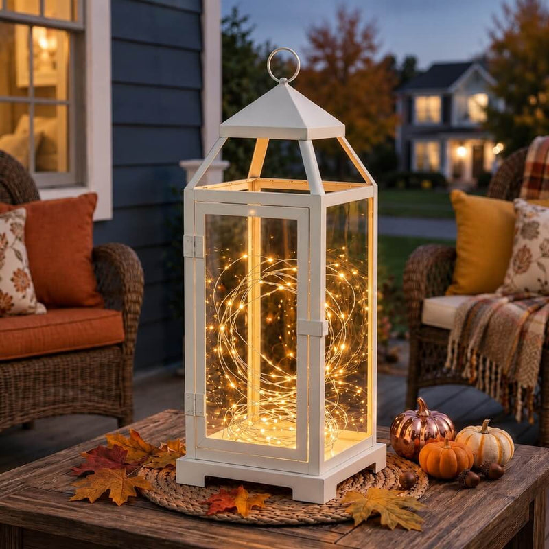 A white lantern filled with warm white battery-operated LED fairy lights on an autumn porch - thumbnail number 10