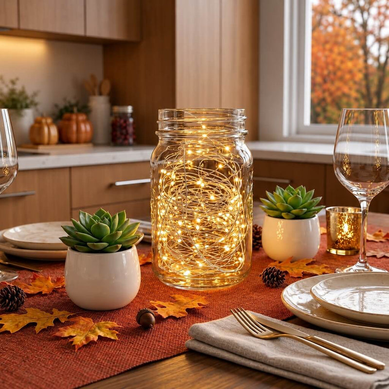A glass mason jar filled with warm white battery-operated LED fairy lights on a table - thumbnail number 11