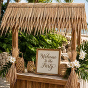 Outdoor tiki bar stand with artificial thatch roof and party sign - thumbnail number 3