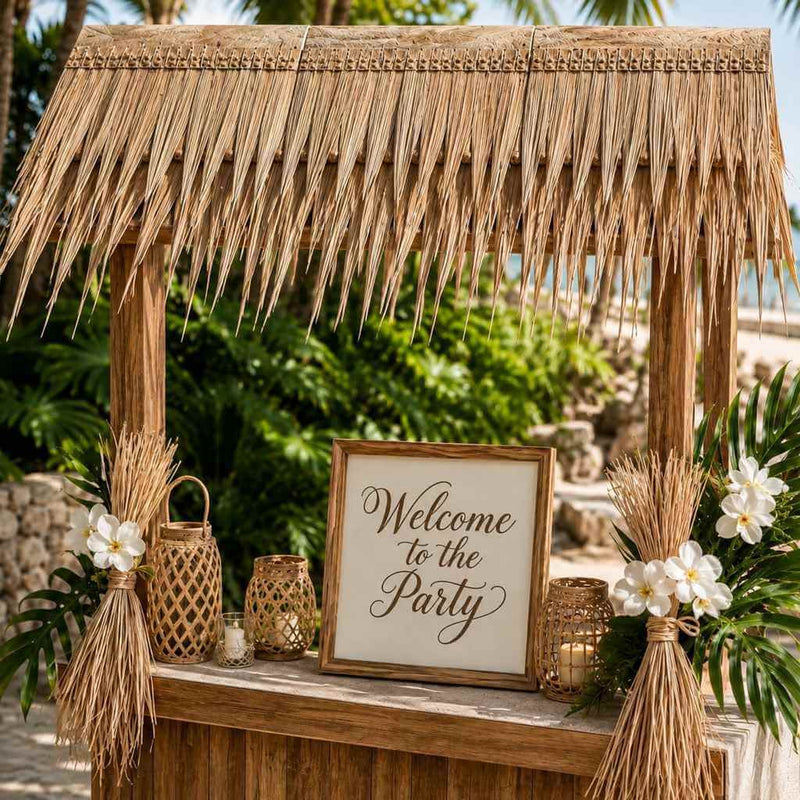 Outdoor tiki bar stand with artificial thatch roof and party sign - thumbnail number 3