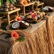 Tiki bar buffet table decorated with artificial thatch fringe and tropical desserts - thumbnail number 4