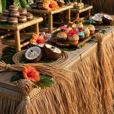 Tiki bar buffet table decorated with artificial thatch fringe and tropical desserts - thumbnail number 4