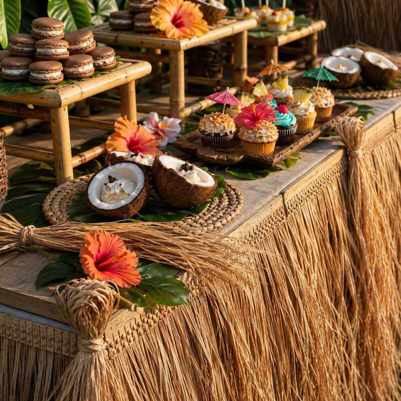 Tiki bar buffet table decorated with artificial thatch fringe and tropical desserts - thumbnail number 4
