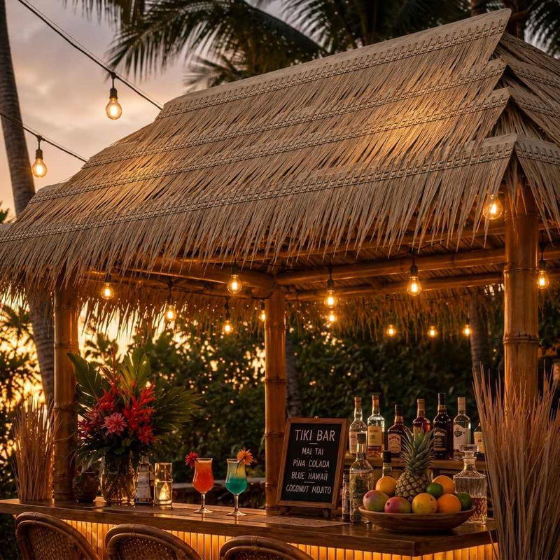 Outdoor tiki bar with artificial thatch roof and string lights at sunset - thumbnail number 5