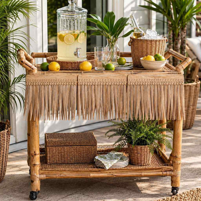 Outdoor bar cart decorated with artificial thatch fringe and beverages - thumbnail number 6