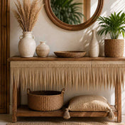 Console table decorated with artificial thatch fringe and bohemian decor items - thumbnail number 7