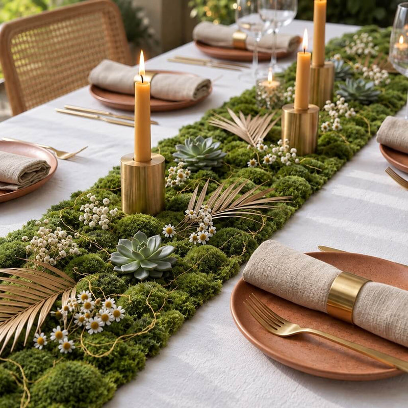 A faux moss table runner decorated with candles, succulents, and small white flowers - thumbnail number 2