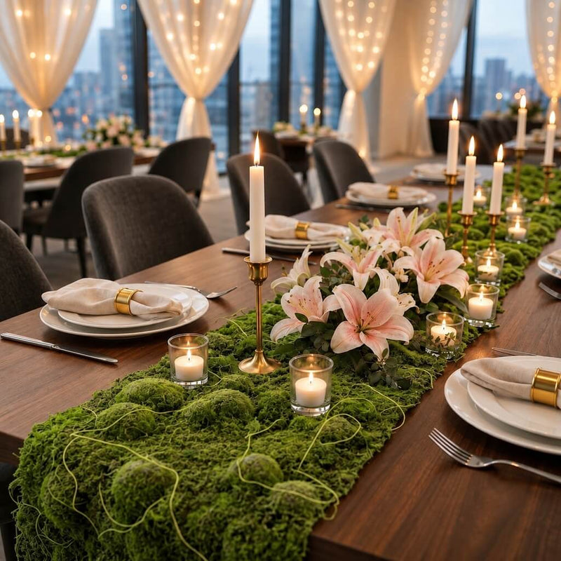 A wedding dining table runner made of faux moss, decorated with candles and pink lilies - thumbnail number 3