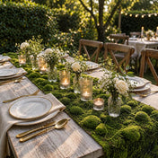 An outdoor rustic dining table styled with a faux moss runner, candles, and white flowers - thumbnail number 5