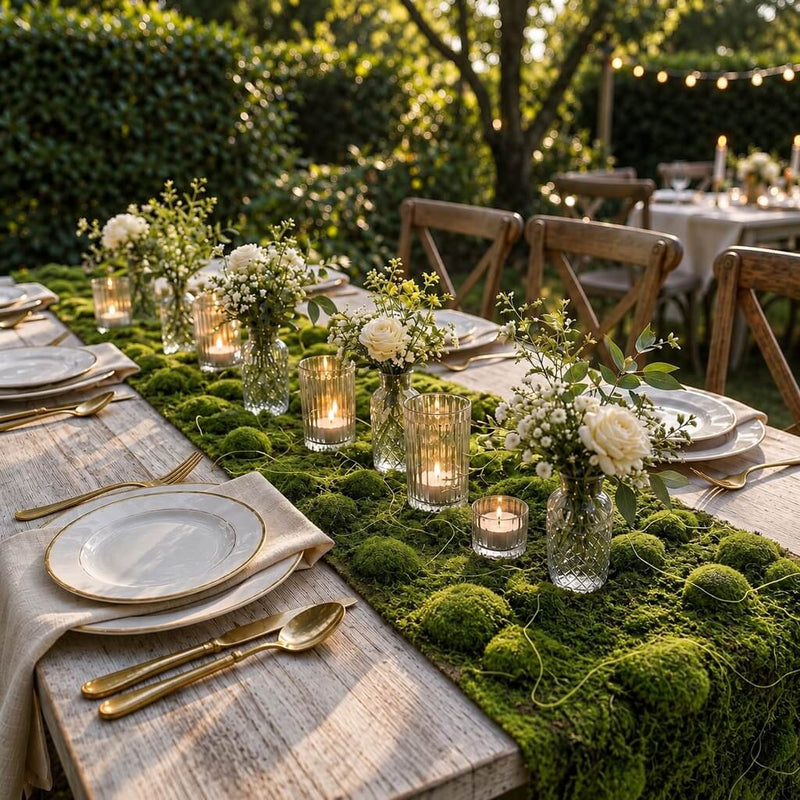 An outdoor rustic dining table styled with a faux moss runner, candles, and white flowers - thumbnail number 5