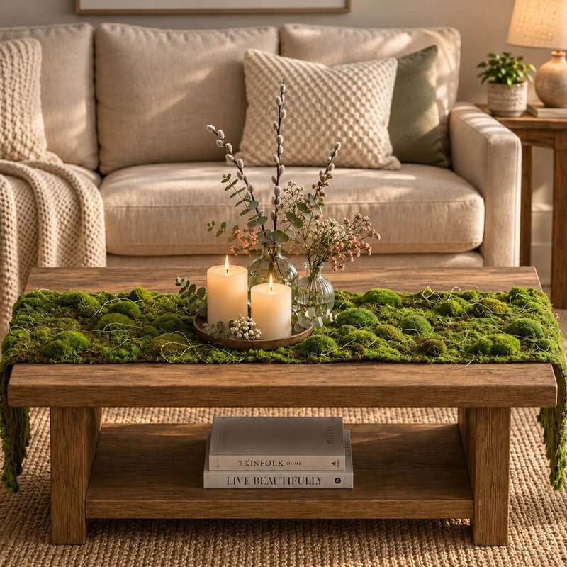 A faux moss table runner on a coffee table styled with candles and vases of branches - thumbnail number 6