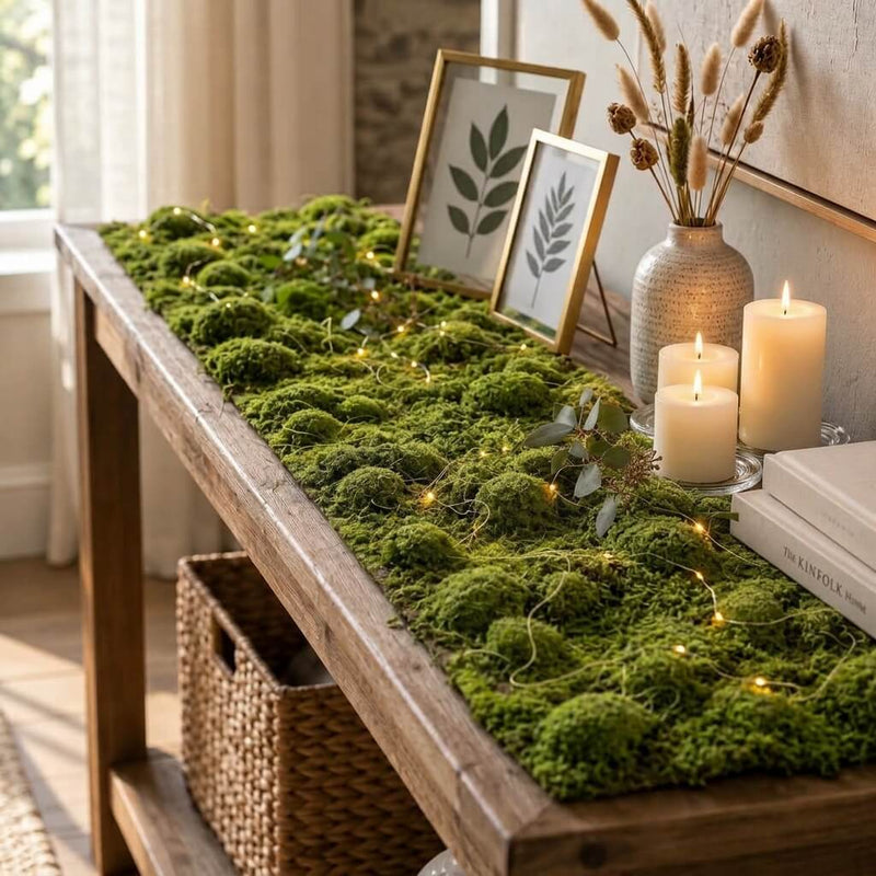 A faux moss runner styled with fairy lights and candles on a wooden entryway console table - thumbnail number 7
