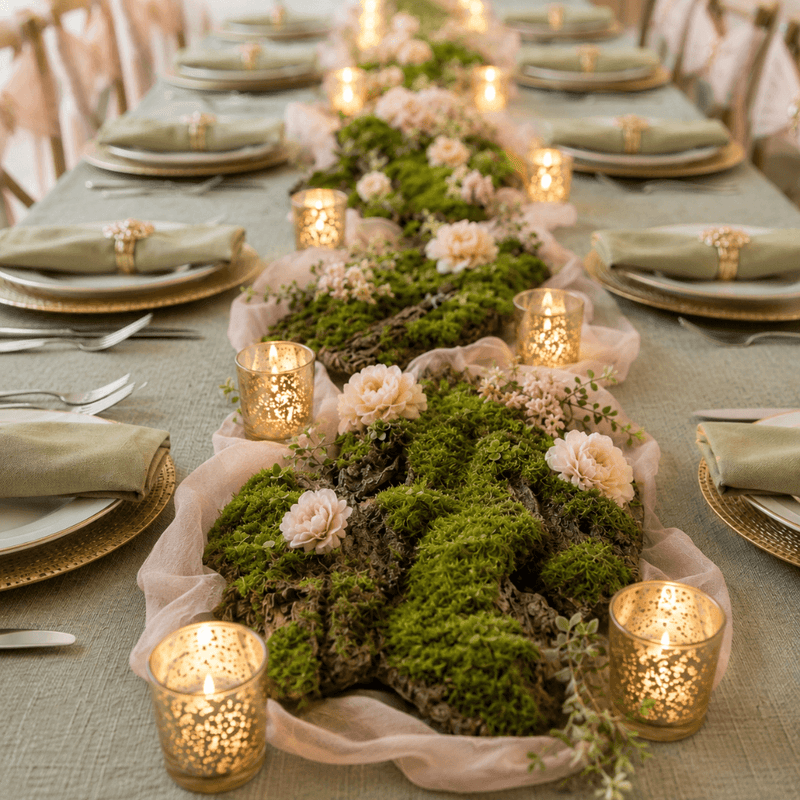 Foam moss tree bark runner with candles on a table - thumbnail number 5