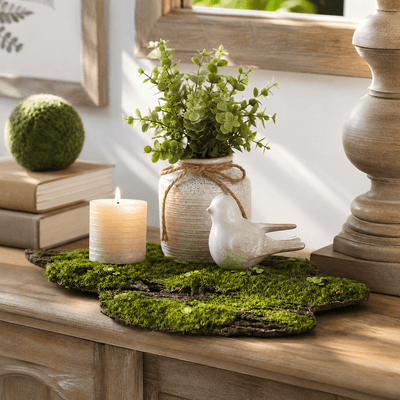 Foam moss tree bark with a candle, plant, and ceramic bird figurine - thumbnail number 6
