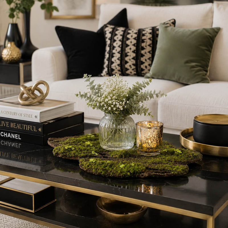 Foam moss tree bark with a vase of flowers and candle on a coffee table - thumbnail number 8