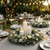 Floral wreath centerpiece with three glass pillar candles on an outdoor dining table - thumbnail number 2
