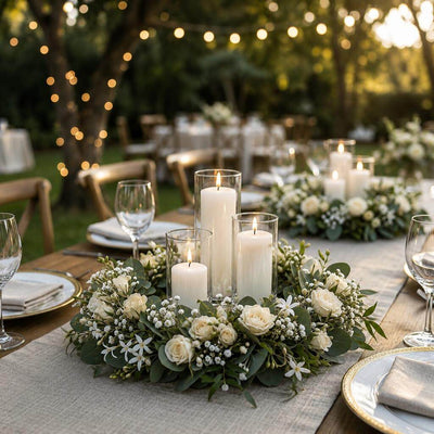 Floral wreath centerpiece with three glass pillar candles on an outdoor dining table - thumbnail number 2