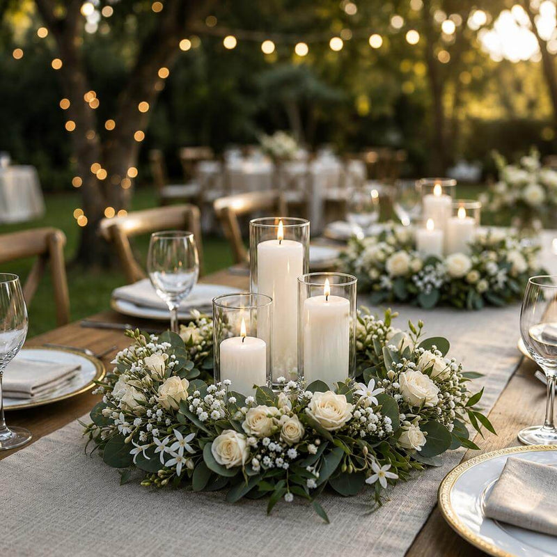 Floral wreath centerpiece with three glass pillar candles on an outdoor dining table - thumbnail number 2