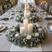 Winter floral and pinecone wreath centerpiece with pillar candles on a long dining table - thumbnail number 4