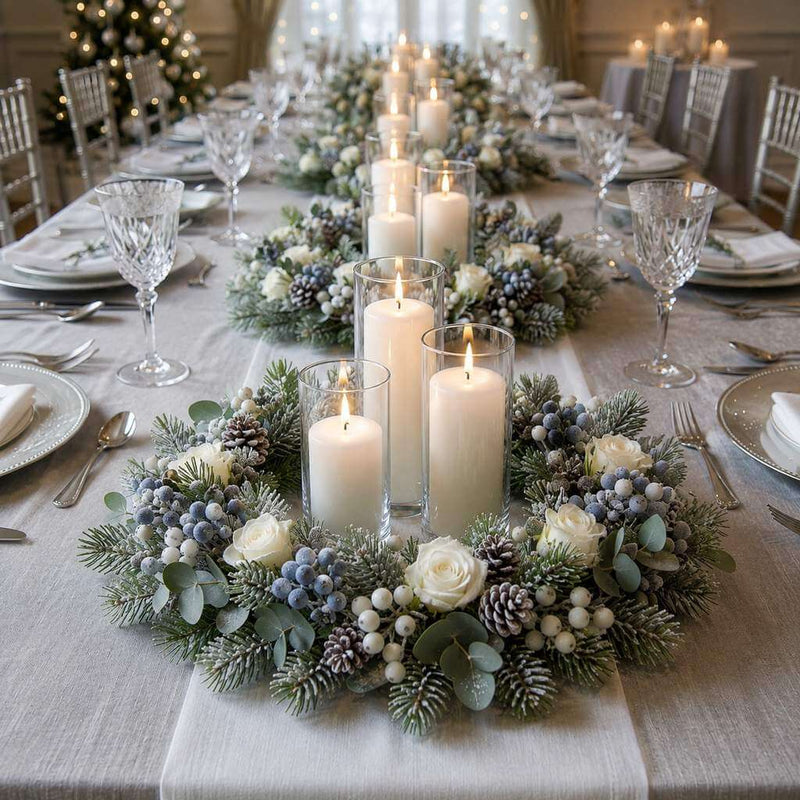 Winter floral and pinecone wreath centerpiece with pillar candles on a long dining table - thumbnail number 4