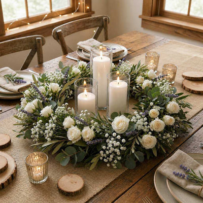 Large floral wreath centerpiece with three pillar candles on a rustic dining table - thumbnail number 7