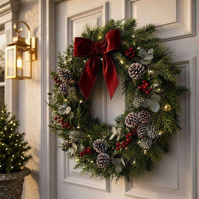 Christmas wreath with pinecones, red berries, and a velvet bow on a white door - thumbnail number 8