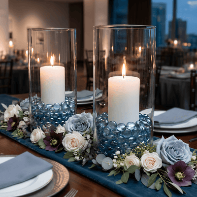 Pillar candles in glass vases with blue gems and floral accents - thumbnail number 2