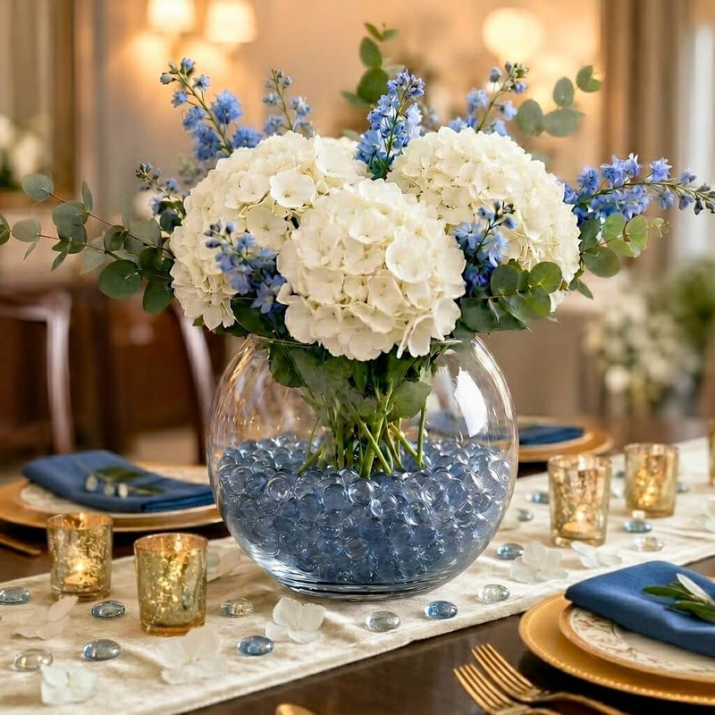 White hydrangeas and blue flowers in a glass vase with blue gems - thumbnail number 3