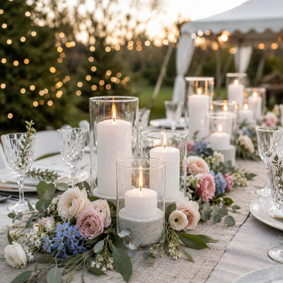 Lit candles in glass cylinders with natural white sand and flowers - thumbnail number 3