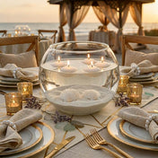 Floating candles in a bowl with natural white sand and shells - thumbnail number 4