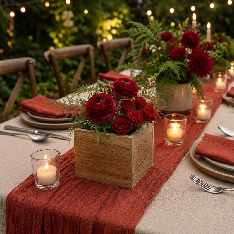 Handmade wooden berry box filled with deep red roses as a centerpiece on a table - thumbnail number 3