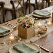 Handmade wooden berry box filled with pink and white flowers as a centerpiece on a table - thumbnail number 5