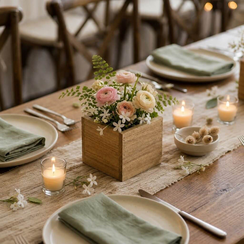 Handmade wooden berry box filled with pink and white flowers as a centerpiece on a table - thumbnail number 5