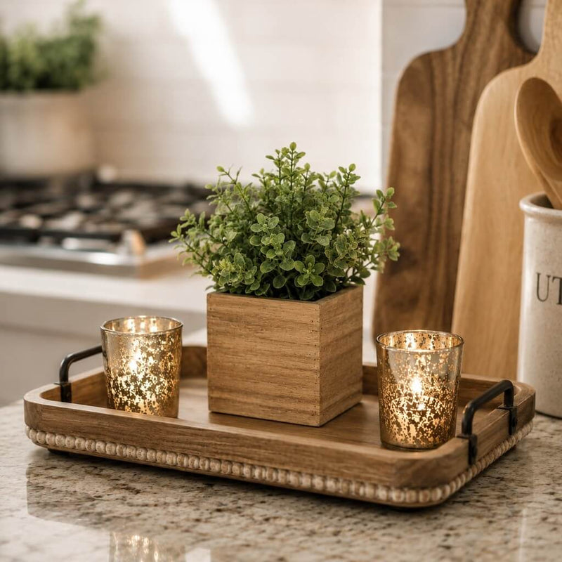 Handmade wooden berry box filled with a small green plant on a tray with votive candles - thumbnail number 7