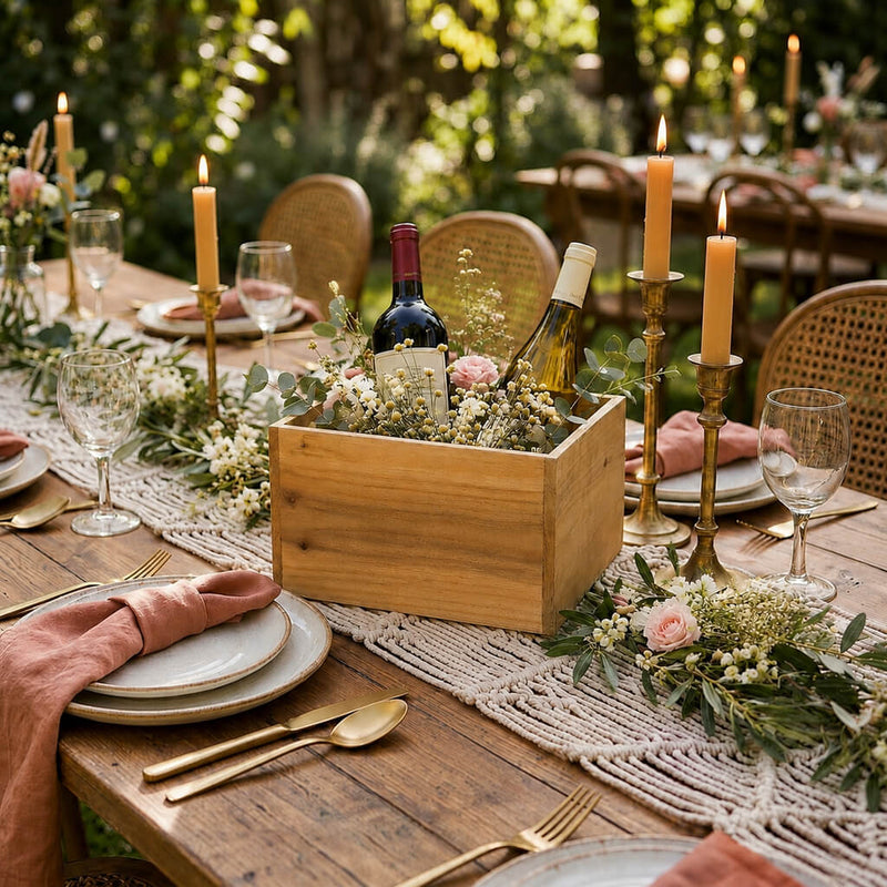 Wooden berry box holding wine bottles and flowers as a centerpiece on a table - thumbnail number 5