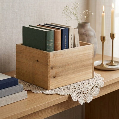 Handmade wooden berry box filled with small books sitting on a crocheted mat - thumbnail number 8