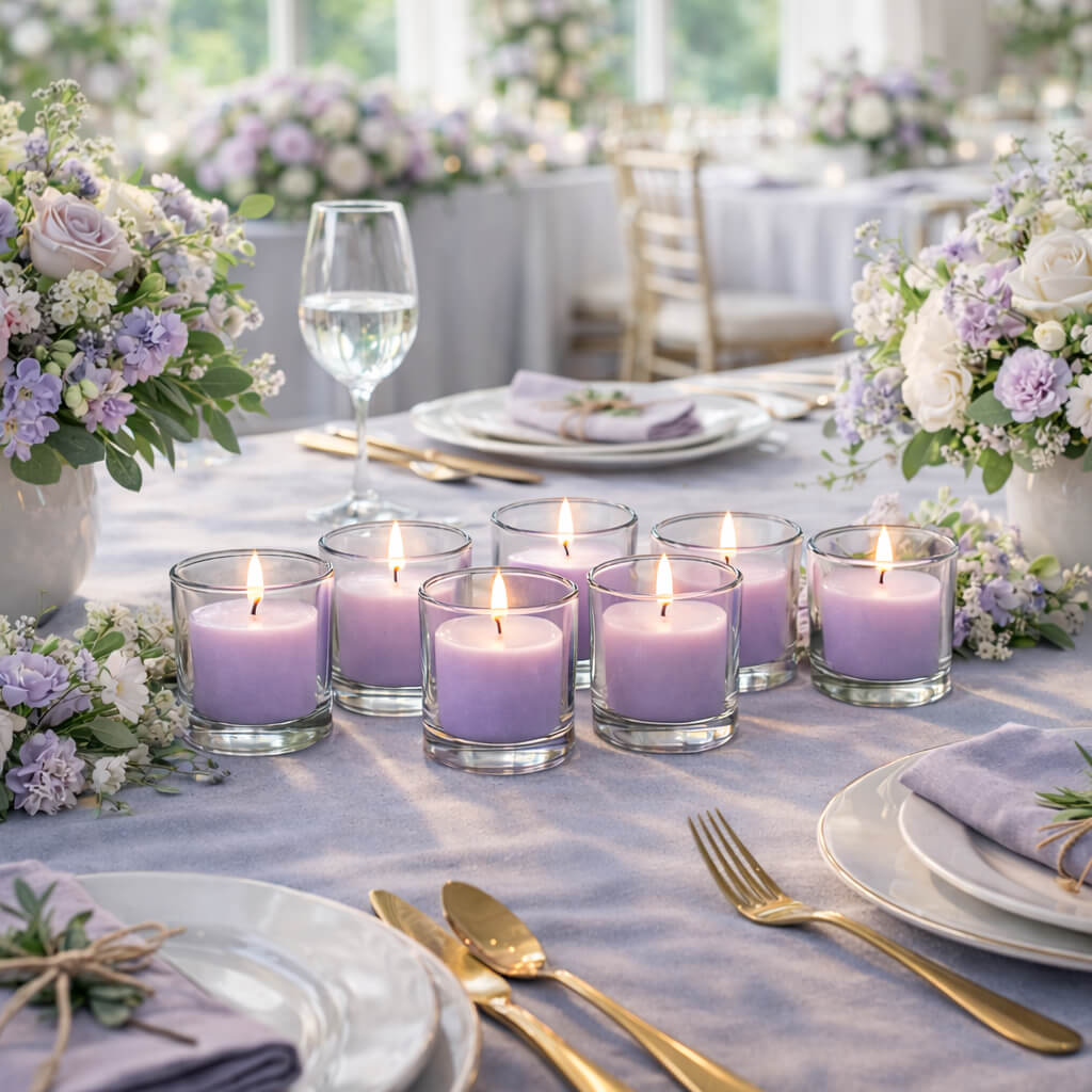 Lavender scented votive candles for soft candlelight table styling