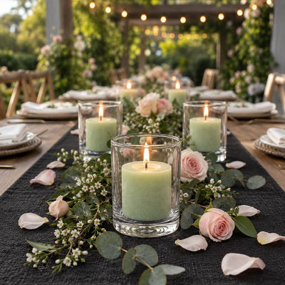 Lit green votive candles in glass holders on an outdoor table runner with pink roses and greenery - thumbnail number 4