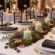 Green votive candles in clear glass holders on a banquet table styled with moss, leaves, and berries - thumbnail number 6