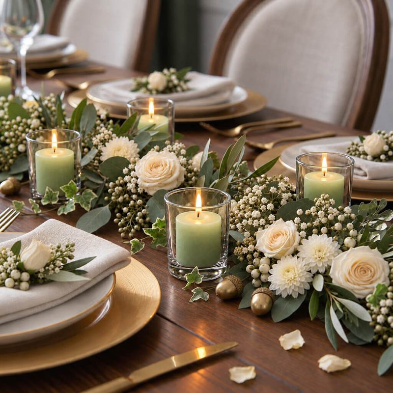 Lit green votive candles in clear glass holders on a table runner featuring white roses and greenery - thumbnail number 8
