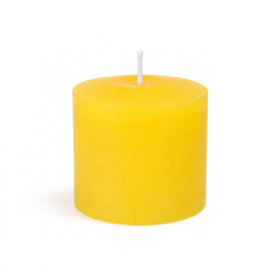 An unlit Yellow unscented votive candle isolated on a solid white background - thumbnail number 3