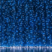 Blue curtain LED string lights glowing against dark blue backdrop - thumbnail number 1