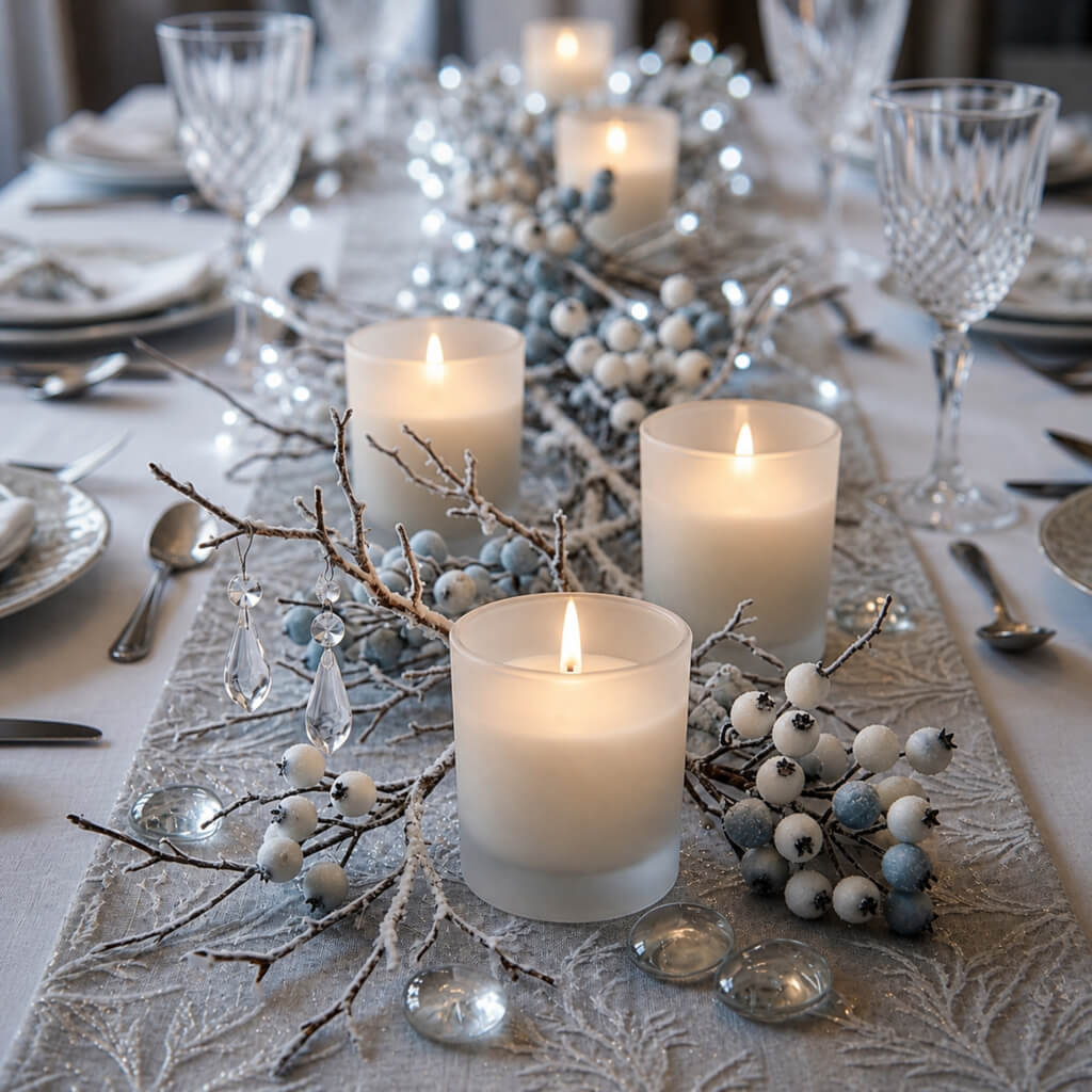 Frosted glass votive candles on elegant winter dinner table centerpiece